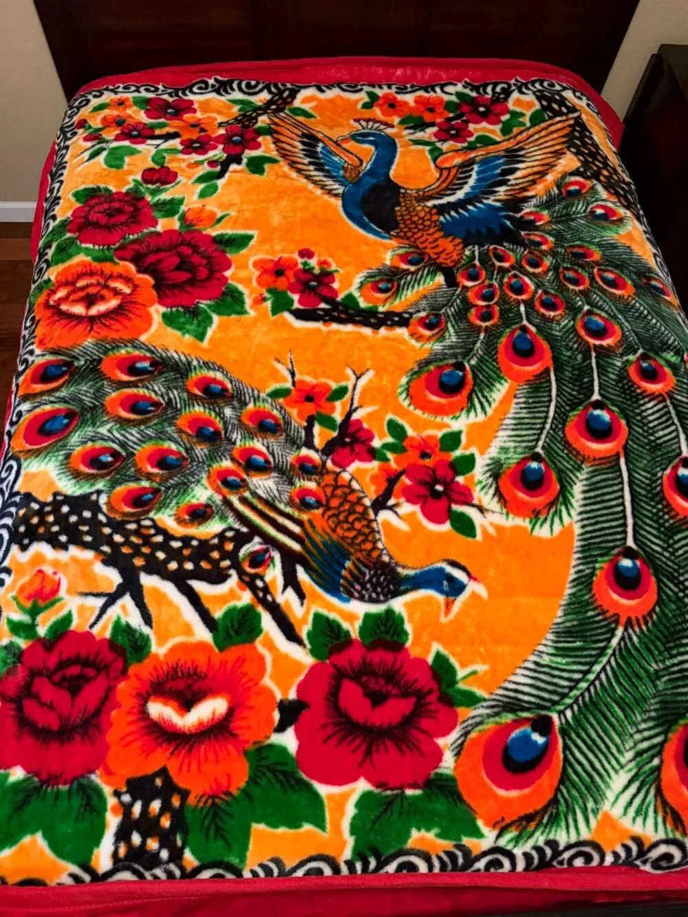 Vintage Korean Mink Blanket Reversible Peacock & Roses 200x240cm Heavy Plush